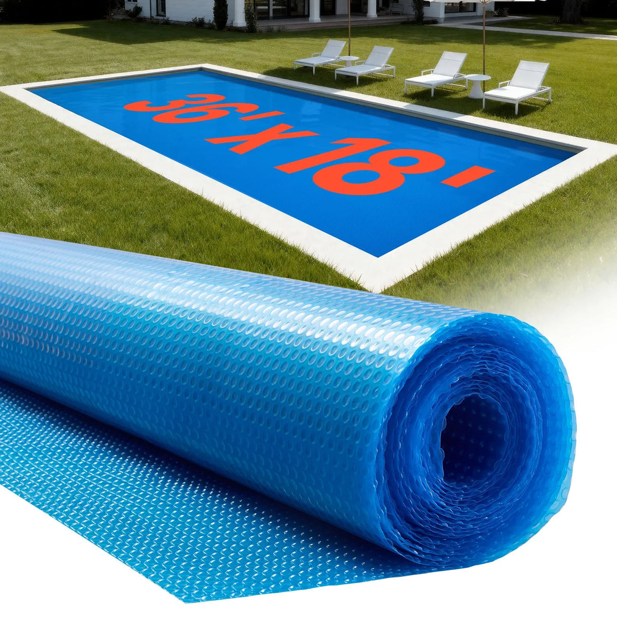 VEVOR saules baseina pārsegs, 10,97 × 5,49 m taisnstūra saules burbuļu sega, 0,2 mm PE materiāls, siltuma uzkrāšana dienā un saglabāšana naktī, zila