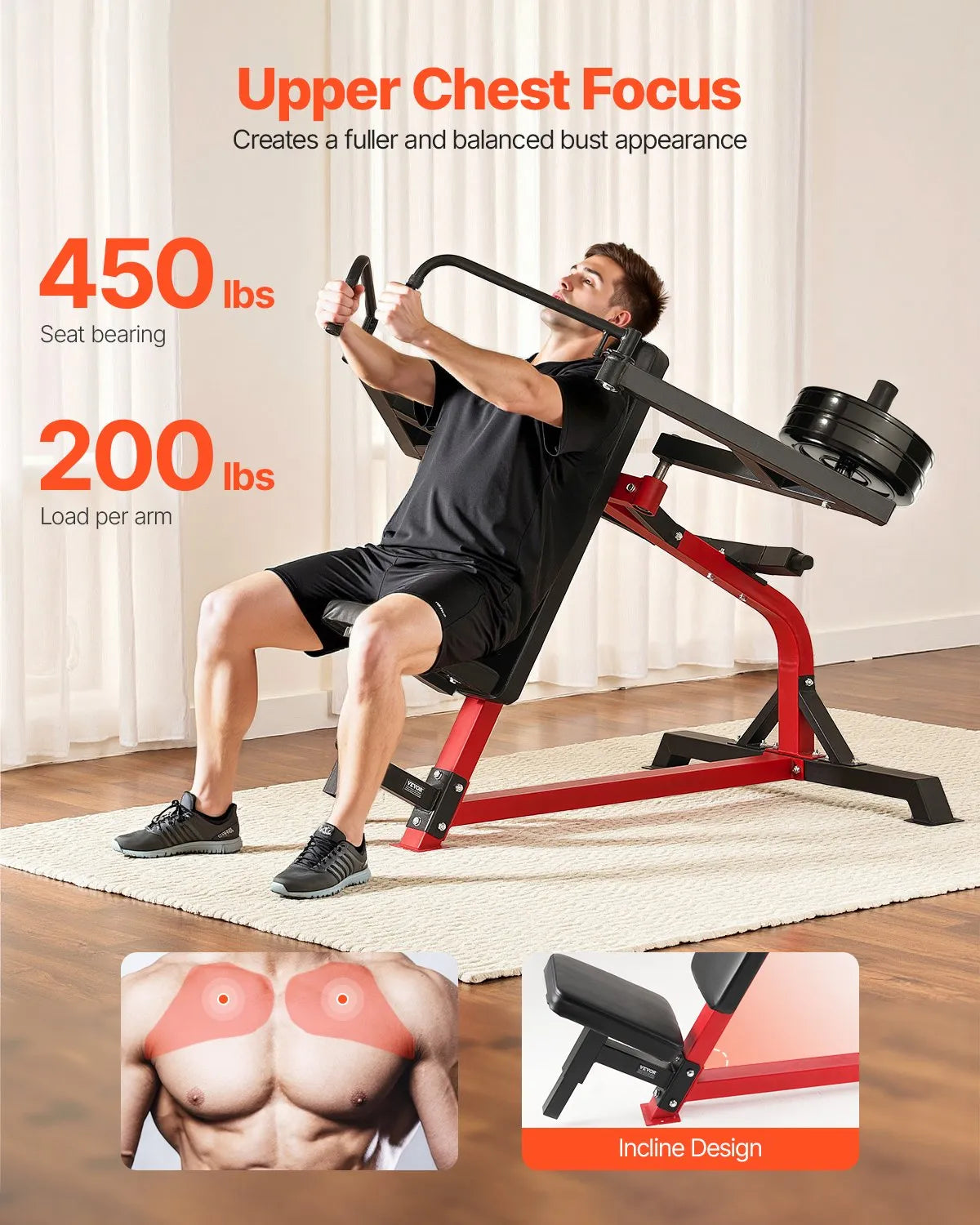 VEVOR slīpais krūšu fly un aizmugurējo deltveida muskuļu trenažieris, regulējams krūšu treniņu sols, 204 kg nestspēja, augšējās ķermeņa daļas spēka treniņiem, mājas sporta zālei
