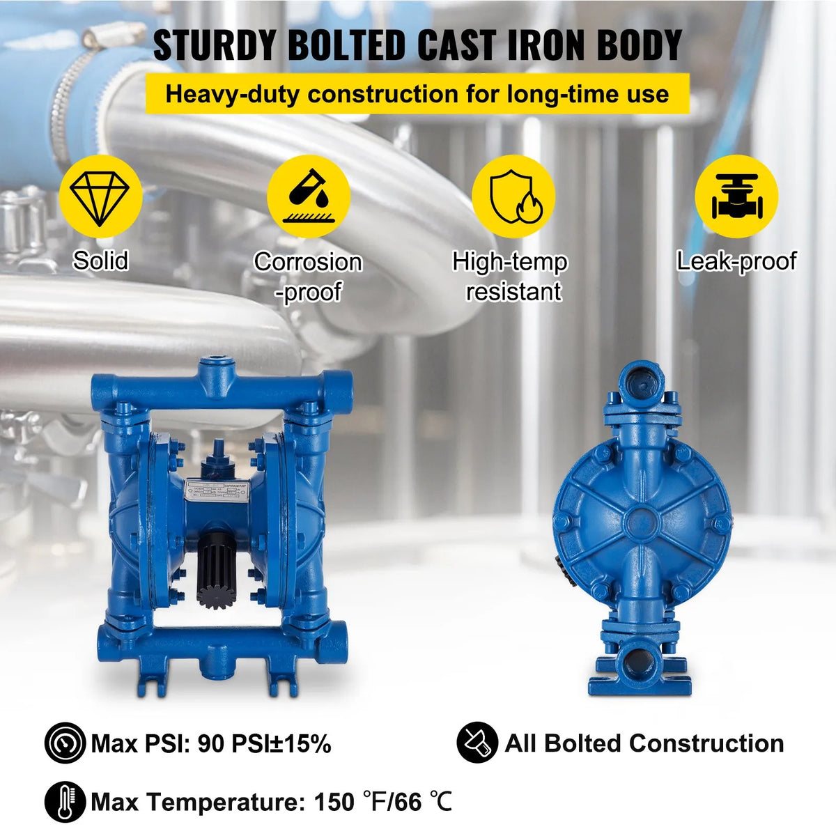 VEVOR pneimatiskais dubultās membrānas sūknis, 1/2 collu ieplūde un izplūde, čuguna korpuss, 11,36 l/min, maks. 6,2 bar, nitrila membrāna, piemērots naftai, dīzeļdegvielai, eļļai un zemas viskozitātes šķidrumiem