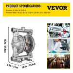 VEVOR pneimatisks dubultās membrānas sūknis, ieplūde un izplūde, nerūsējošā tērauda korpuss, 11,36 l/min, PTFE membrāna, pārneses sūknis naftas, dīzeļdegvielas, eļļas un zemas viskozitātes šķidrumiem.