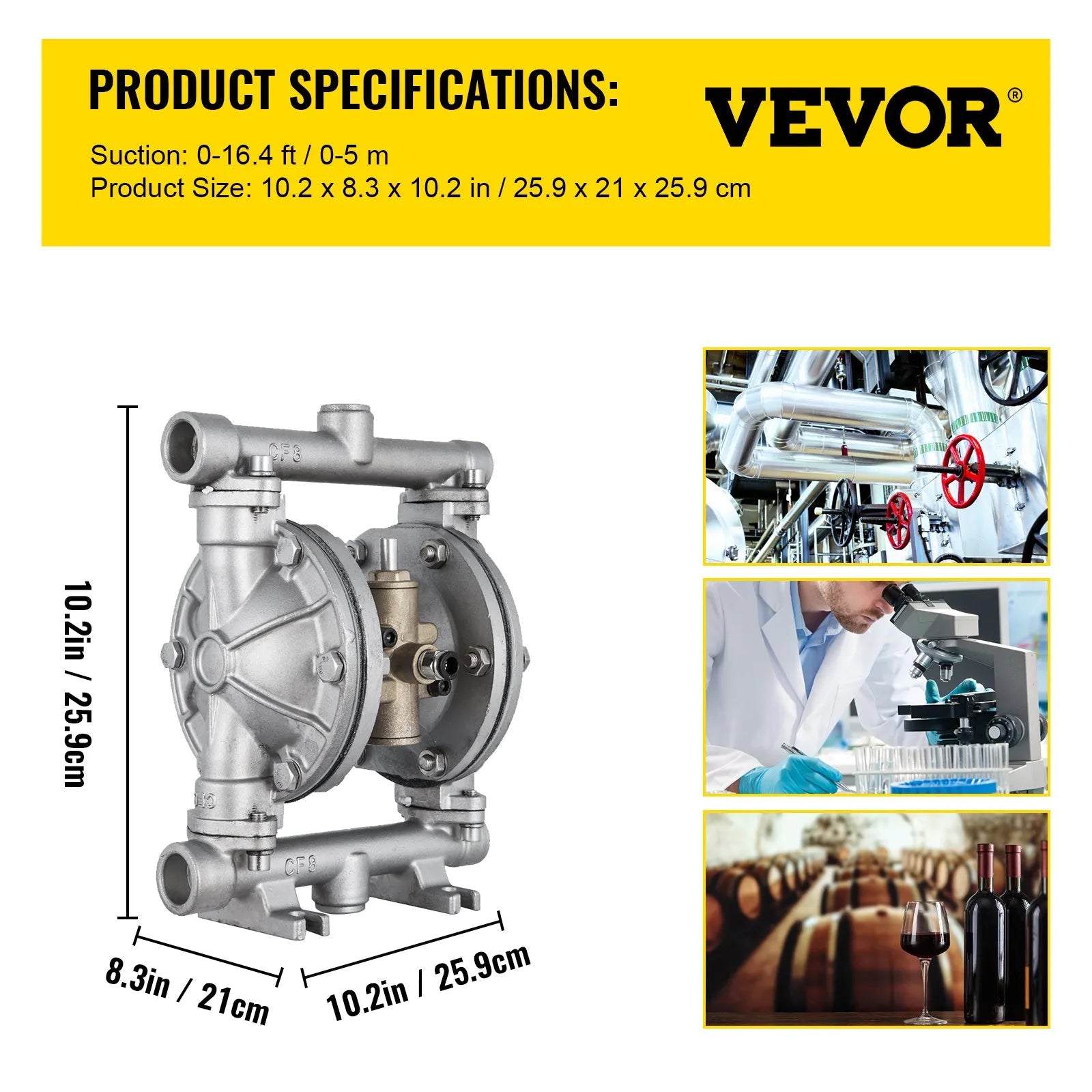 VEVOR pneimatisks dubultās membrānas sūknis, ieplūde un izplūde, nerūsējošā tērauda korpuss, 11,36 l/min, PTFE membrāna, pārneses sūknis naftas, dīzeļdegvielas, eļļas un zemas viskozitātes šķidrumiem.