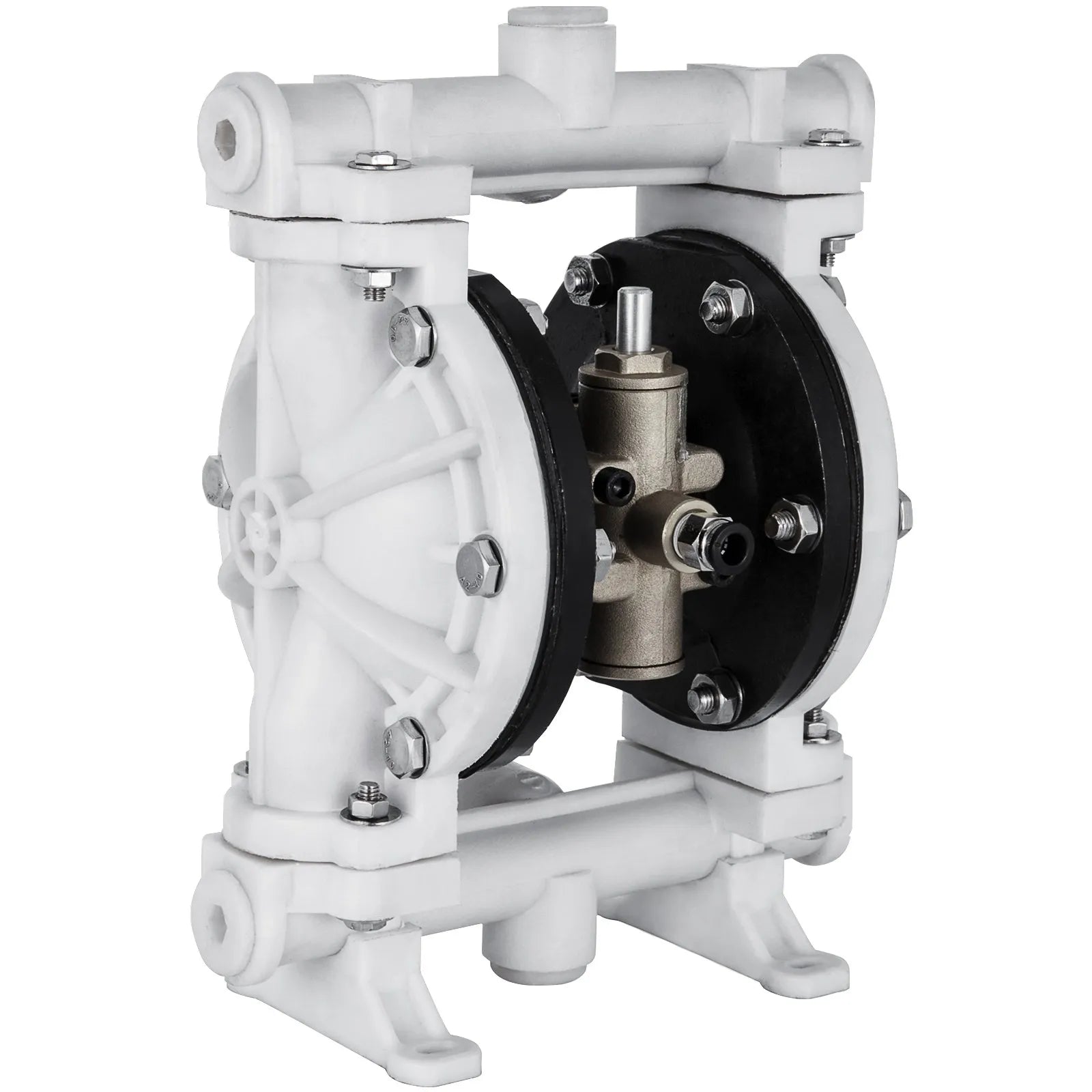 VEVOR pneimatiskais dubultās membrānas sūknis, polipropilēna korpuss, PTFE membrānas, 25,4 mm ieplūde/izplūde, 9,46 L/min, paredzēts naftas produktiem, dīzeļdegvielai, eļļām un zemas viskozitātes šķidrumiem