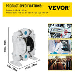VEVOR pneimatiskais dubultās membrānas sūknis, 25,4 mm ieplūde/izplūde, 113 L/min, polipropilēns, maks. 7 bar, ķīmiskai un rūpnieciskai lietošanai