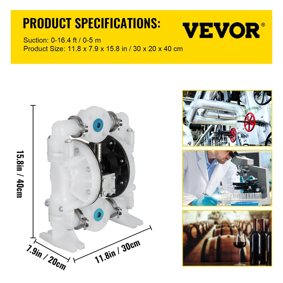 VEVOR pneimatiskais dubultās membrānas sūknis, 25,4 mm ieplūde/izplūde, 113 L/min, polipropilēns, maks. 7 bar, ķīmiskai un rūpnieciskai lietošanai