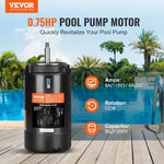 VEVOR 0,75 ZS baseina sūkņa motors, 56J rāmis, 115 V (8 A) / 230 V (4 A), 3450 apgr./min., 60 Hz, servisa koeficients 1,5, 80 μF/250 V kondensators, pretēji pulksteņrādītāja virzienam rotācija, apaļā atloka nomaiņas motors