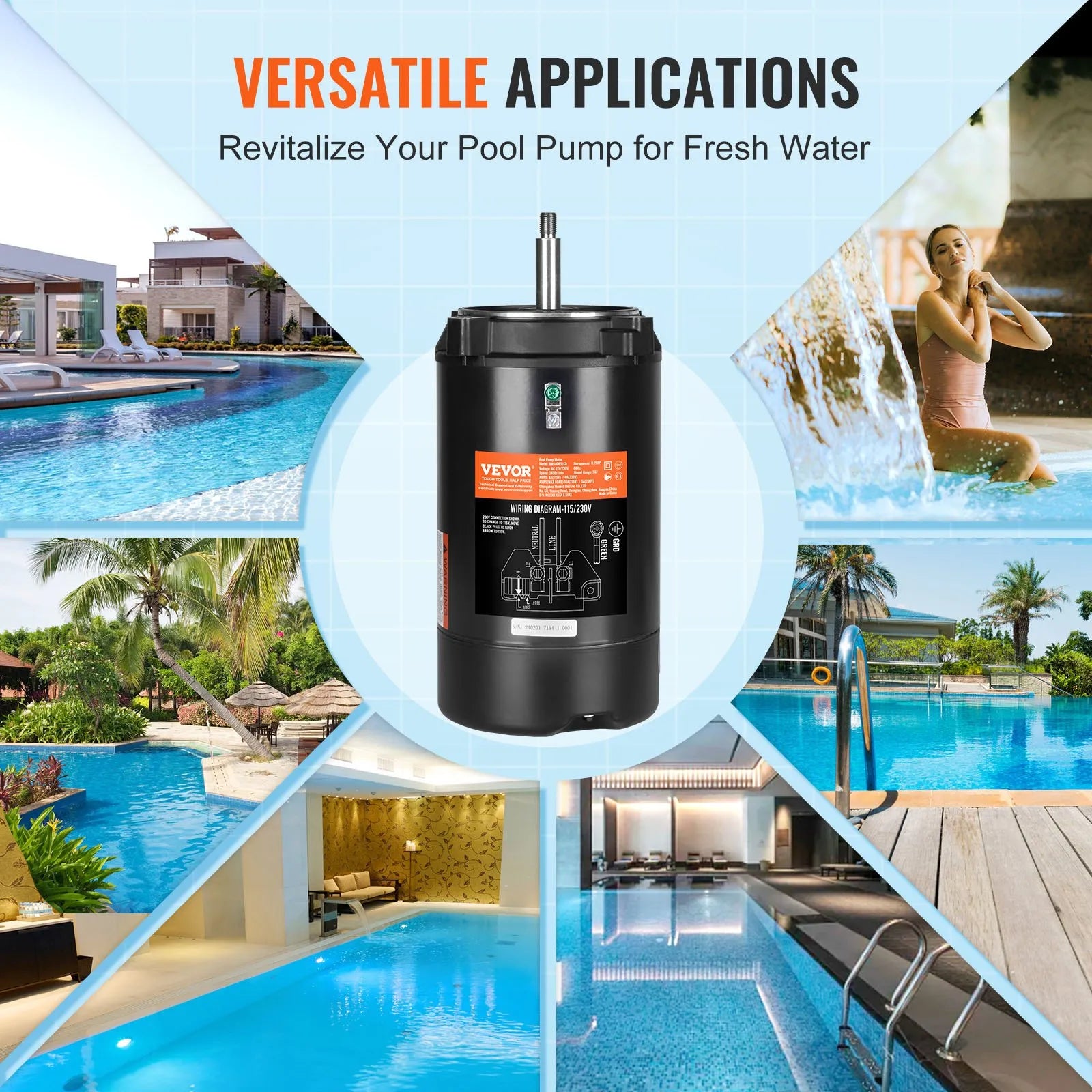 VEVOR 0,75 ZS baseina sūkņa motors, 56J rāmis, 115 V (8 A) / 230 V (4 A), 3450 apgr./min., 60 Hz, servisa koeficients 1,5, 80 μF/250 V kondensators, pretēji pulksteņrādītāja virzienam rotācija, apaļā atloka nomaiņas motors