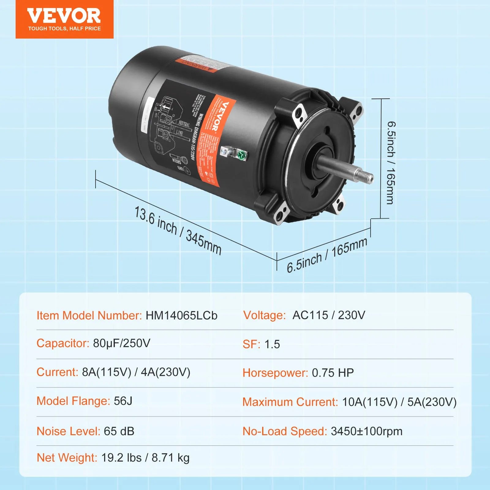 VEVOR 0,75 ZS baseina sūkņa motors, 56J rāmis, 115 V (8 A) / 230 V (4 A), 3450 apgr./min., 60 Hz, servisa koeficients 1,5, 80 μF/250 V kondensators, pretēji pulksteņrādītāja virzienam rotācija, apaļā atloka nomaiņas motors