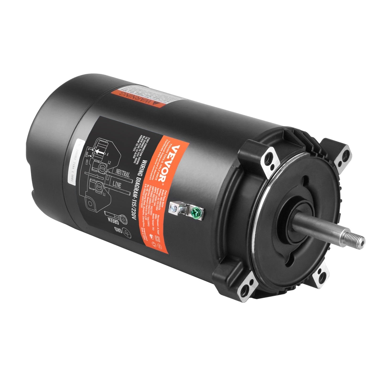 VEVOR 0,75 ZS baseina sūkņa motors, 56J rāmis, 115 V (8 A) / 230 V (4 A), 3450 apgr./min., 60 Hz, servisa koeficients 1,5, 80 μF/250 V kondensators, pretēji pulksteņrādītāja virzienam rotācija, apaļā atloka nomaiņas motors