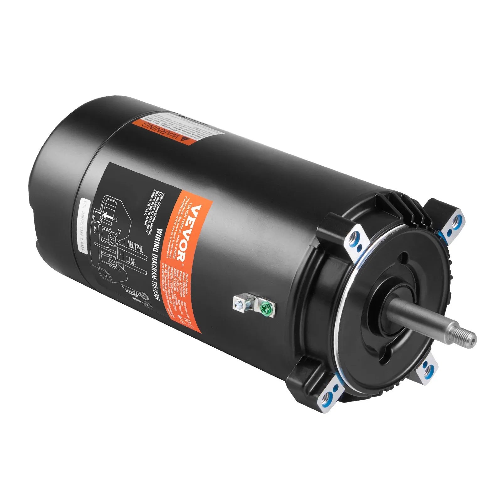 VEVOR 1,5 HP baseina sūkņa motors, 56J rāmis, 115 V/230 V, 3450 apgr./min, 90 μF/250 V kondensators, CCW rotācija, apaļš atloks