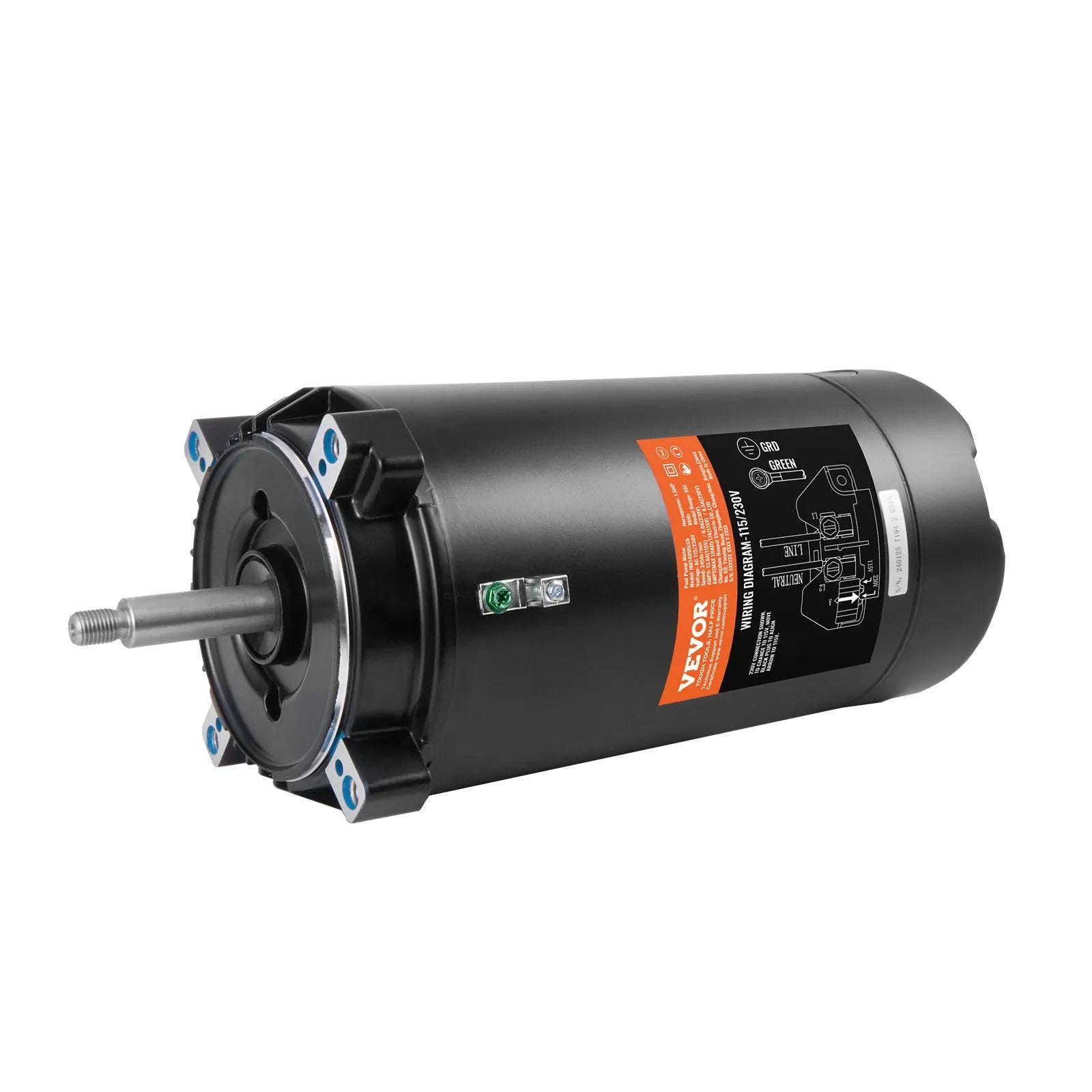 VEVOR 1,5 HP baseina sūkņa motors, 56J rāmis, 115 V/230 V, 3450 apgr./min, 90 μF/250 V kondensators, CCW rotācija, apaļš atloks