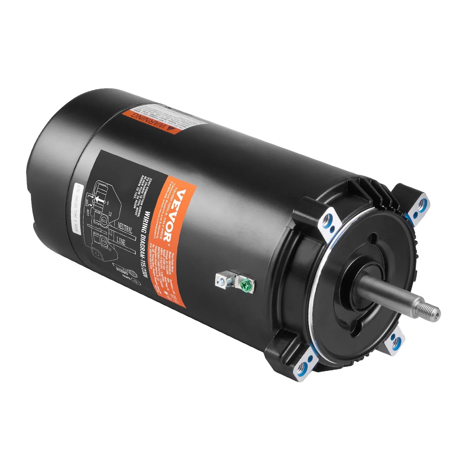 VEVOR 1,5 HP baseina sūkņa motors, 56J rāmis, 115 V/230 V, 3450 apgr./min, 90 μF/250 V kondensators, CCW rotācija, apaļš atloks