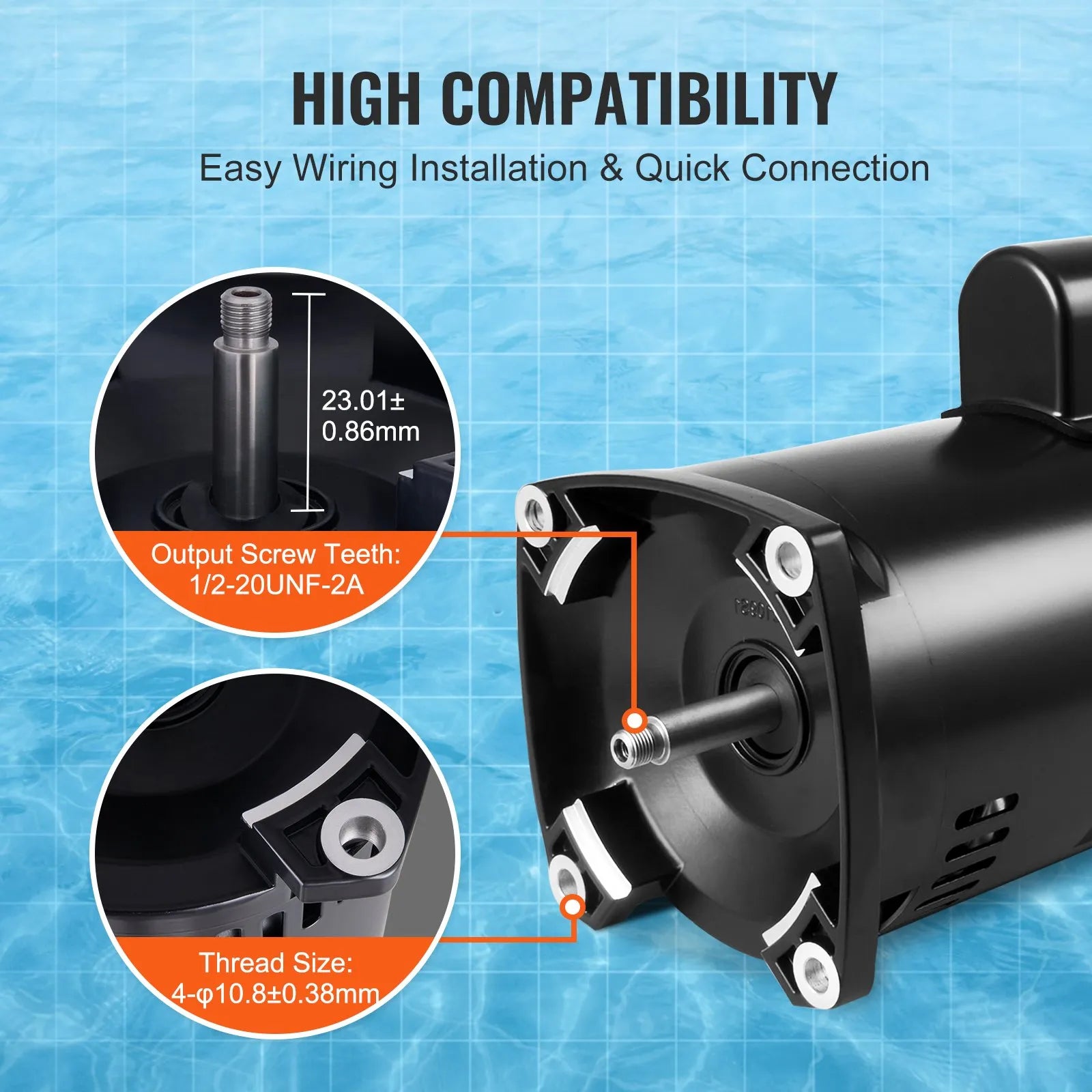 VEVOR 1,5 ZS baseina sūkņa motors, 56Y rāmis, 115 V (12,8 A) / 230 V (6,4 A), 3450 apgr./min., 60 Hz, servisa koeficients 1,1, 90 μF/250 V kondensators, pretēji pulksteņrādītāja virzienam rotācija, kvadrātveida atloka nomaiņas motors
