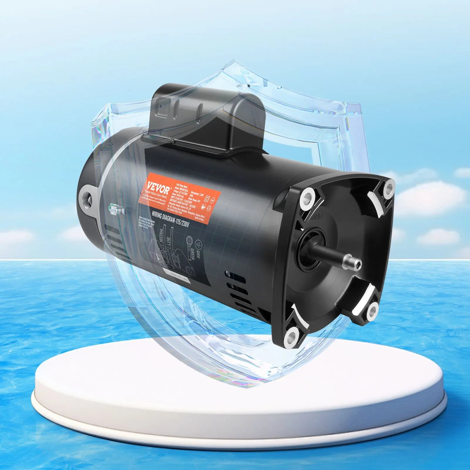 VEVOR 1,5 ZS baseina sūkņa motors, 56Y rāmis, 115 V (12,8 A) / 230 V (6,4 A), 3450 apgr./min., 60 Hz, servisa koeficients 1,1, 90 μF/250 V kondensators, pretēji pulksteņrādītāja virzienam rotācija, kvadrātveida atloka nomaiņas motors