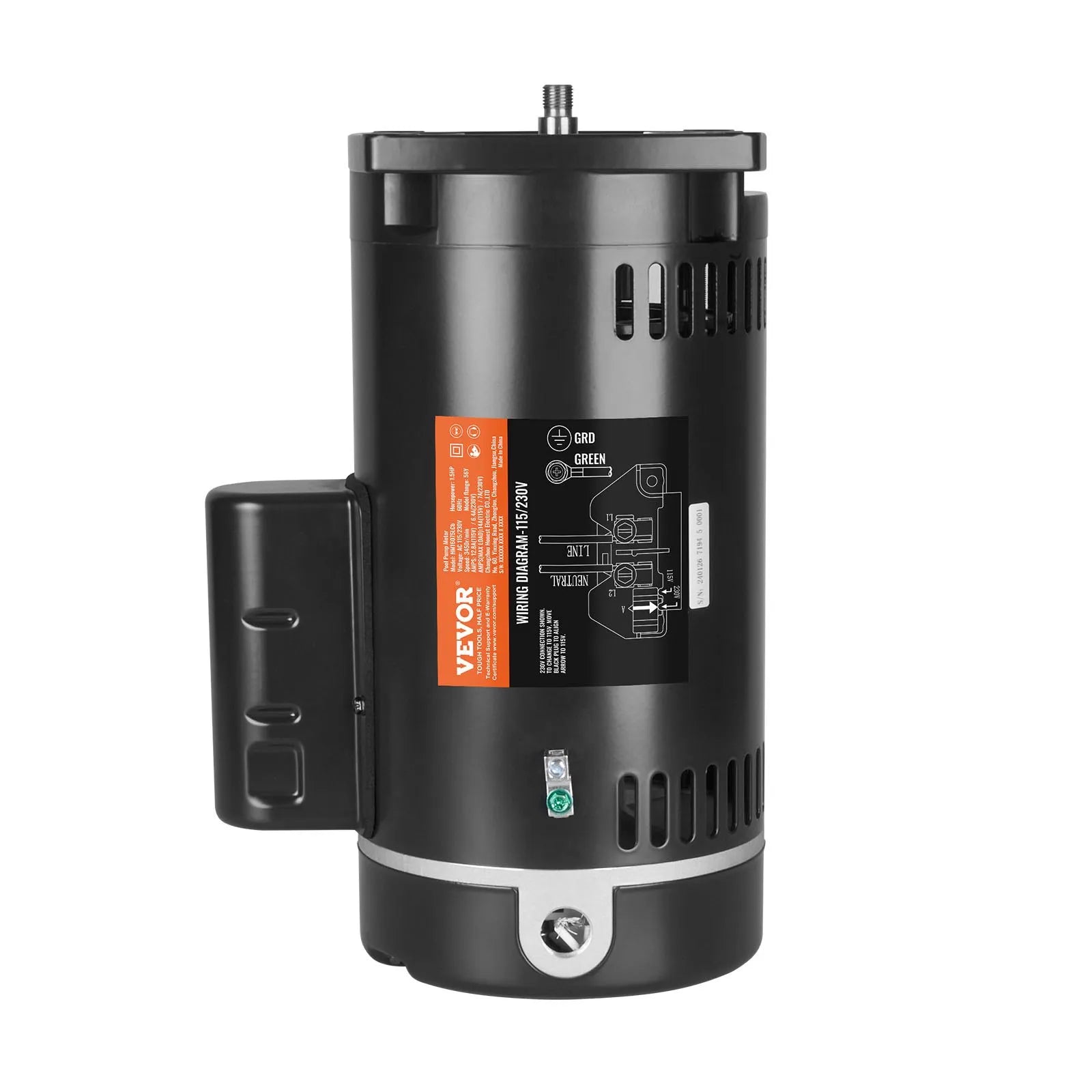 VEVOR 1,5 ZS baseina sūkņa motors, 56Y rāmis, 115 V (12,8 A) / 230 V (6,4 A), 3450 apgr./min., 60 Hz, servisa koeficients 1,1, 90 μF/250 V kondensators, pretēji pulksteņrādītāja virzienam rotācija, kvadrātveida atloka nomaiņas motors