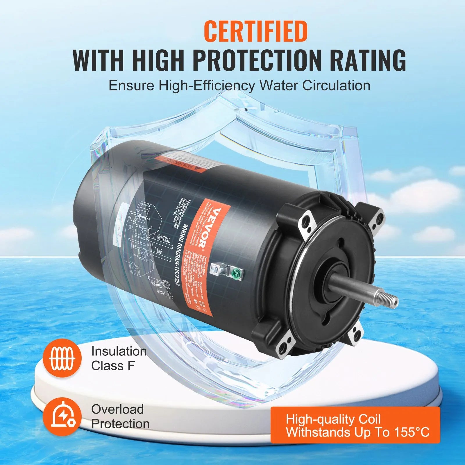 VEVOR 1 ZS baseina sūkņa motors, 56J rāmis, 115 V (9,8 A) / 230 V (4,9 A), 3450 apgr./min., 60 Hz, servisa koeficients 1,4, 90 μF/250 V kondensators, pretēji pulksteņrādītāja virzienam rotācija, apaļā atloka nomaiņas motors