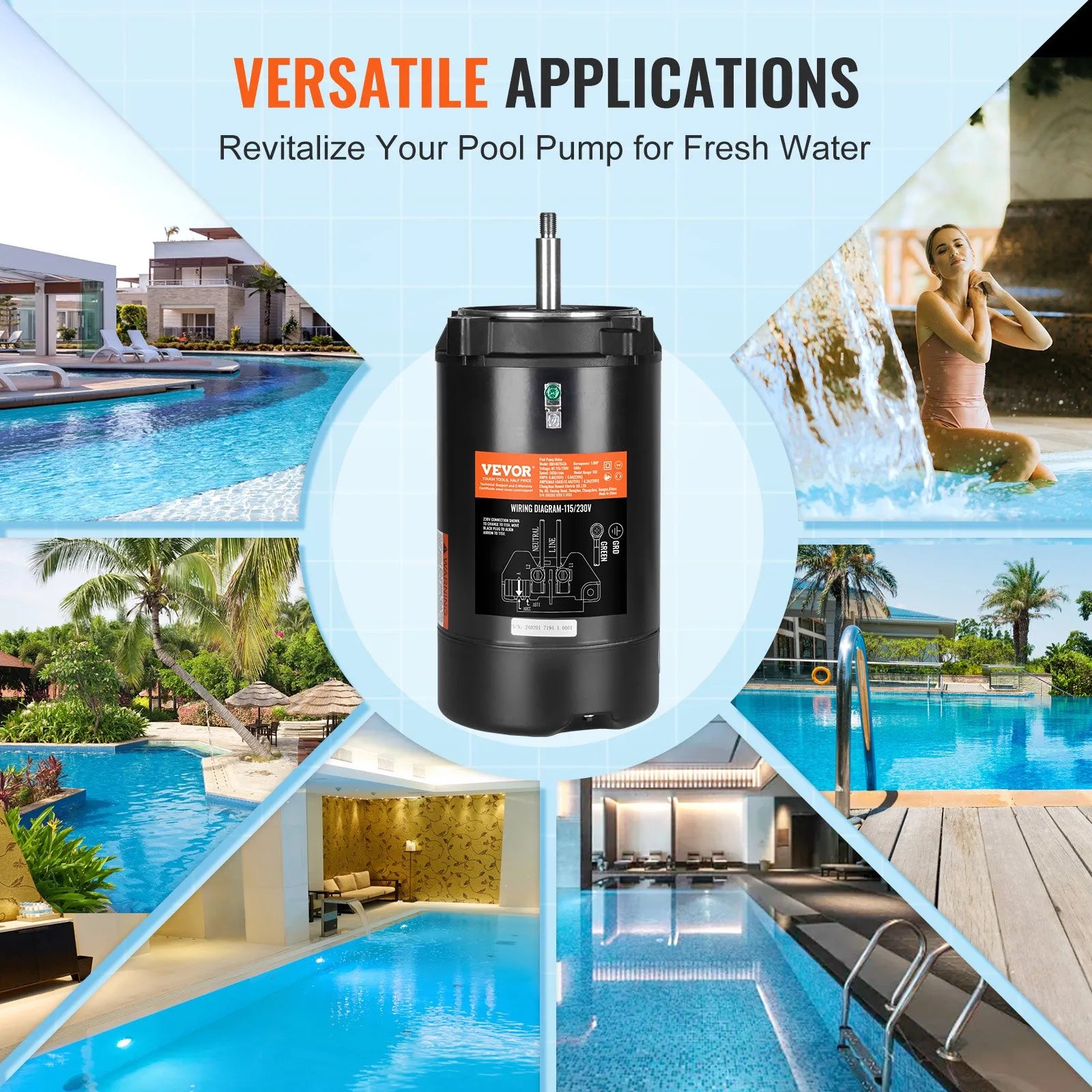 VEVOR 1 ZS baseina sūkņa motors, 56J rāmis, 115 V (9,8 A) / 230 V (4,9 A), 3450 apgr./min., 60 Hz, servisa koeficients 1,4, 90 μF/250 V kondensators, pretēji pulksteņrādītāja virzienam rotācija, apaļā atloka nomaiņas motors