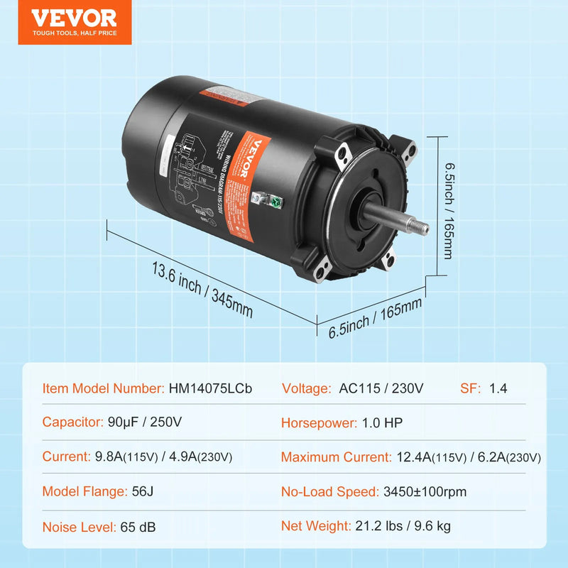VEVOR 1 ZS baseina sūkņa motors, 56J rāmis, 115 V (9,8 A) / 230 V (4,9 A), 3450 apgr./min., 60 Hz, servisa koeficients 1,4, 90 μF/250 V kondensators, pretēji pulksteņrādītāja virzienam rotācija, apaļā atloka nomaiņas motors