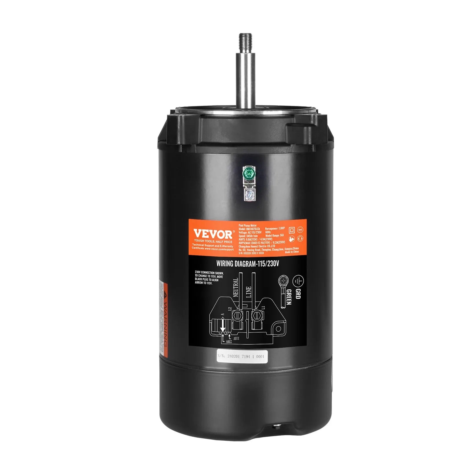 VEVOR 1 ZS baseina sūkņa motors, 56J rāmis, 115 V (9,8 A) / 230 V (4,9 A), 3450 apgr./min., 60 Hz, servisa koeficients 1,4, 90 μF/250 V kondensators, pretēji pulksteņrādītāja virzienam rotācija, apaļā atloka nomaiņas motors