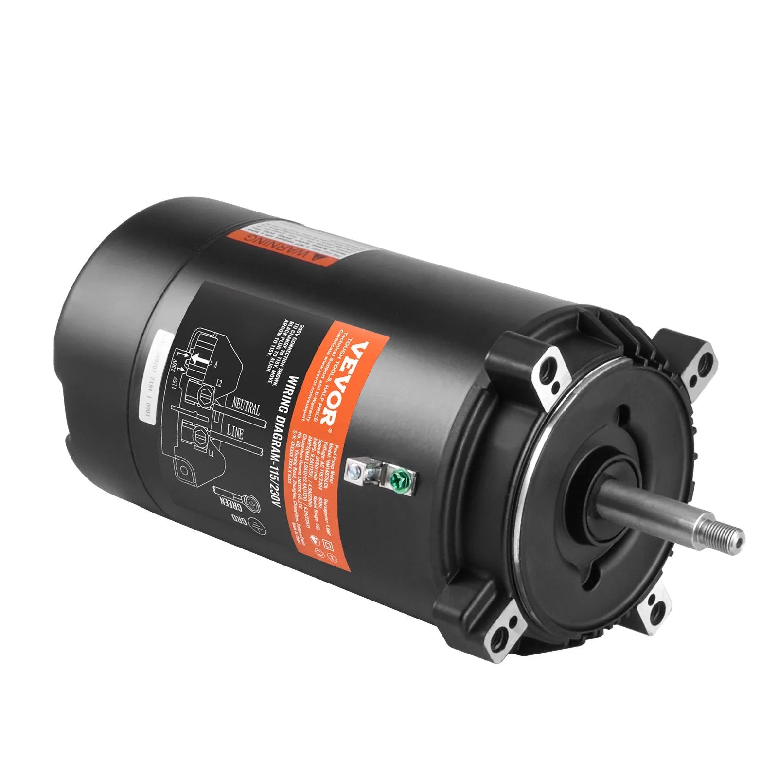 VEVOR 1 ZS baseina sūkņa motors, 56J rāmis, 115 V (9,8 A) / 230 V (4,9 A), 3450 apgr./min., 60 Hz, servisa koeficients 1,4, 90 μF/250 V kondensators, pretēji pulksteņrādītāja virzienam rotācija, apaļā atloka nomaiņas motors