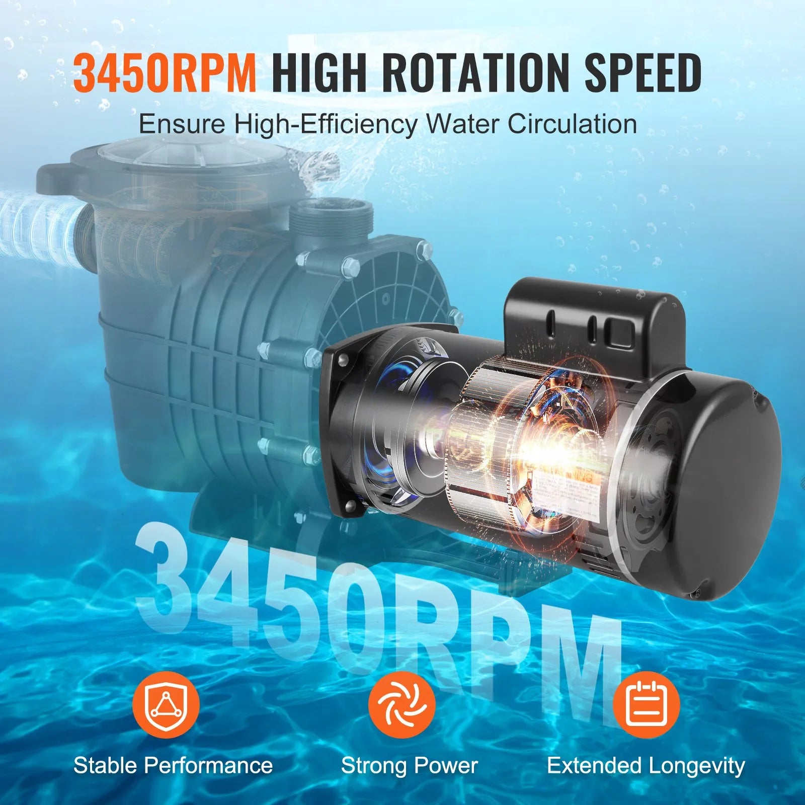VEVOR 1 HP baseina sūkņa motors, 56Y rāmis, 115 V/230 V, 3450 apgr./min, 90 µF/250 V kondensators, CCW rotācija