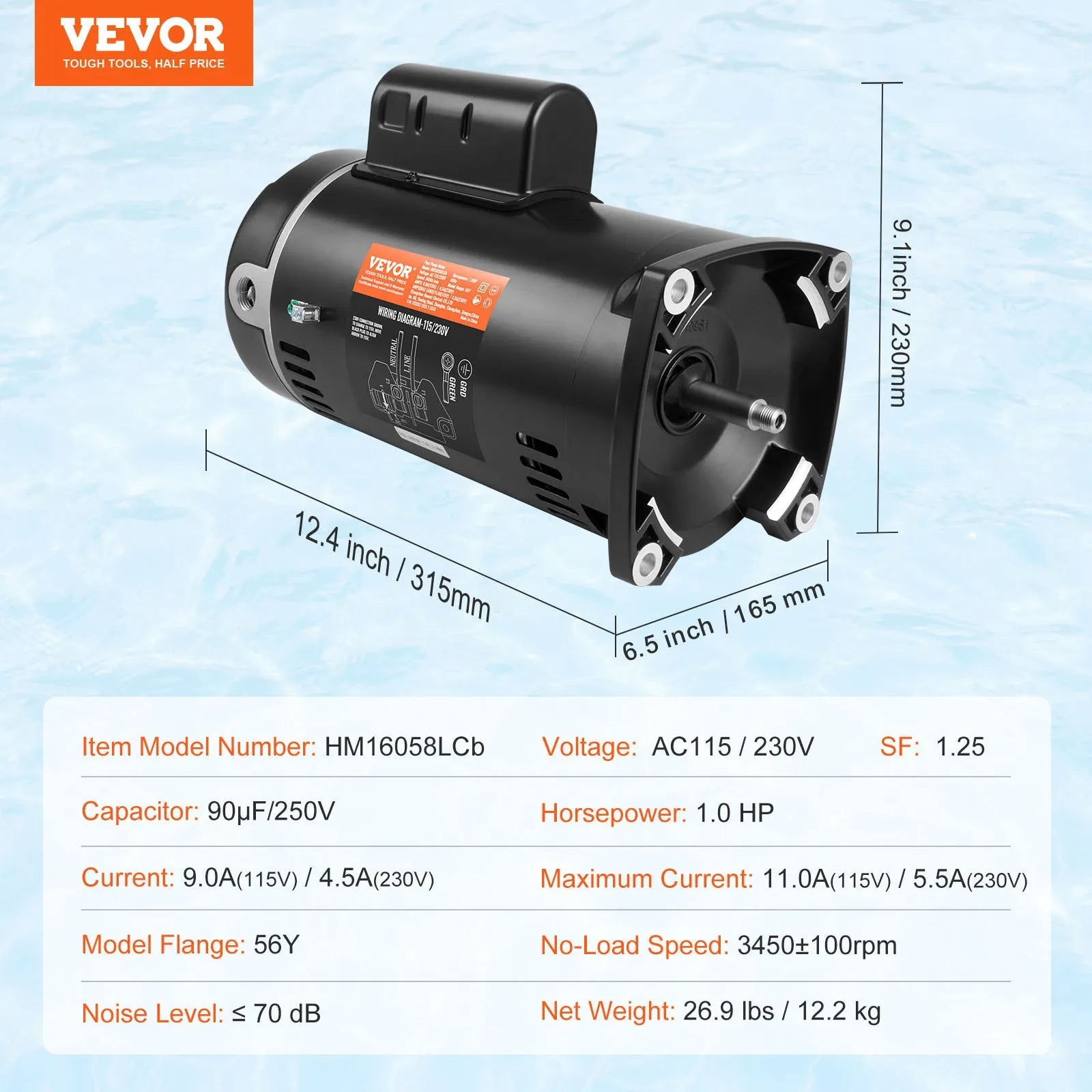 VEVOR 1 HP baseina sūkņa motors, 56Y rāmis, 115 V/230 V, 3450 apgr./min, 90 µF/250 V kondensators, CCW rotācija