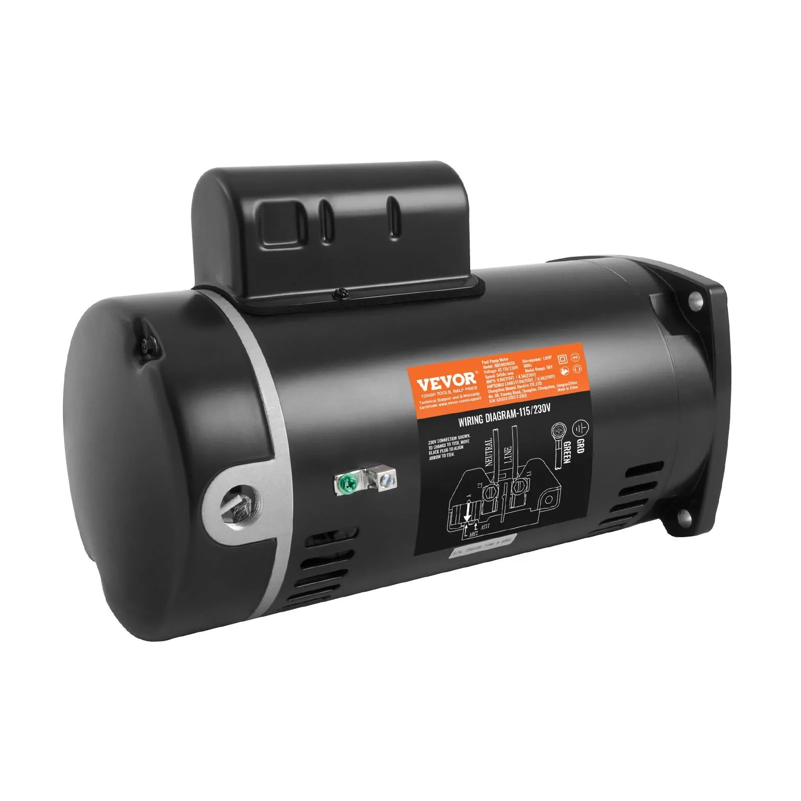 VEVOR 1 HP baseina sūkņa motors, 56Y rāmis, 115 V/230 V, 3450 apgr./min, 90 µF/250 V kondensators, CCW rotācija
