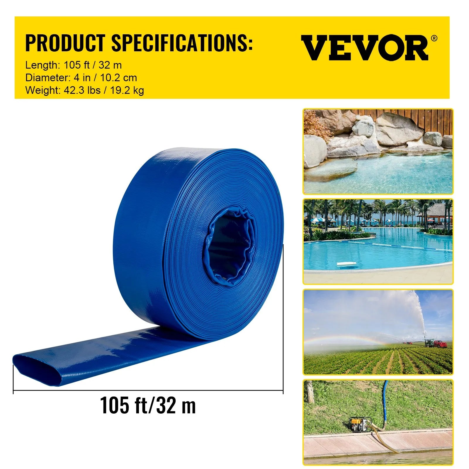 VEVOR Izplūdes šļūtene, 101,6 mm × 32 m, PVC plakana šļūtene, pastiprināta atpakaļskalošanas un drenāžas šļūtene ar skavām, laikapstākļu un plīsumu izturīga, piemērota baseiniem un ūdens pārsūknēšanai, zila