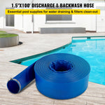 VEVOR Izplūdes šļūtene, 38 mm × 32 m, PVC plakana auduma šļūtene, pastiprināta atpakaļskalošanas un drenāžas šļūtene ar skavām, laikapstākļu un plīsumu izturīga, piemērota baseiniem un ūdens pārsūknēšanai, zila