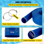 VEVOR Izplūdes šļūtene, 38 mm × 32 m, PVC plakana auduma šļūtene, pastiprināta atpakaļskalošanas un drenāžas šļūtene ar skavām, laikapstākļu un plīsumu izturīga, piemērota baseiniem un ūdens pārsūknēšanai, zila