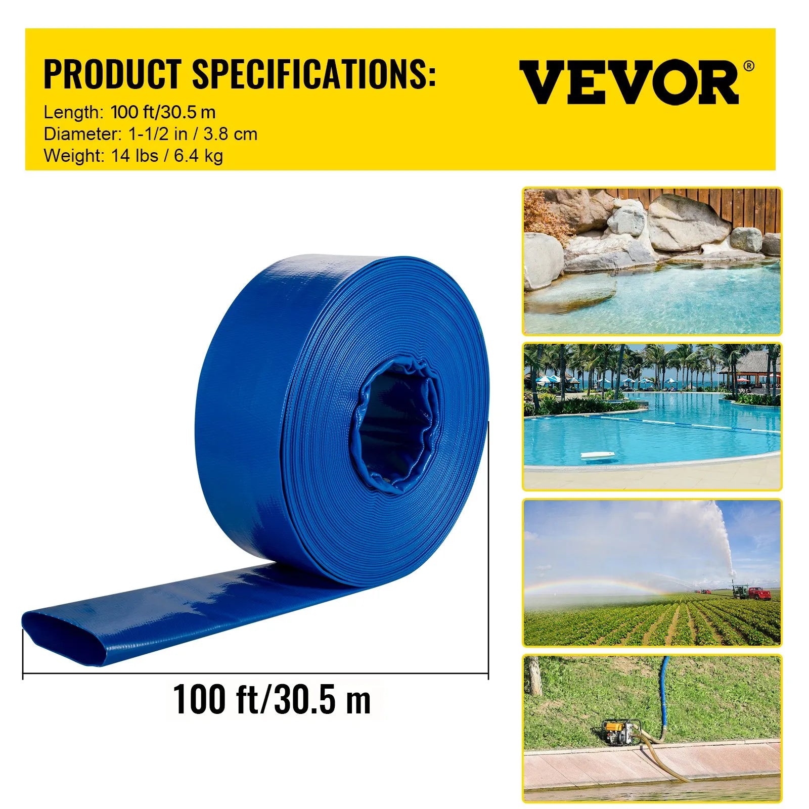 VEVOR Izplūdes šļūtene, 38 mm × 32 m, PVC plakana auduma šļūtene, pastiprināta atpakaļskalošanas un drenāžas šļūtene ar skavām, laikapstākļu un plīsumu izturīga, piemērota baseiniem un ūdens pārsūknēšanai, zila