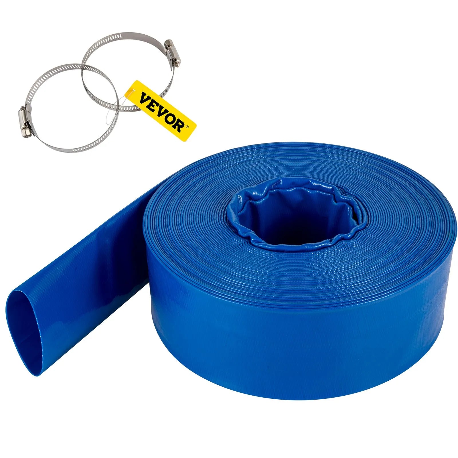 VEVOR Izplūdes šļūtene, 38 mm × 32 m, PVC plakana auduma šļūtene, pastiprināta atpakaļskalošanas un drenāžas šļūtene ar skavām, laikapstākļu un plīsumu izturīga, piemērota baseiniem un ūdens pārsūknēšanai, zila