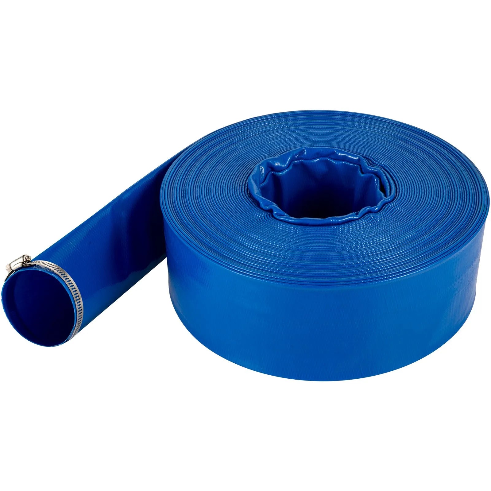 VEVOR Izplūdes šļūtene, 38 mm × 32 m, PVC plakana auduma šļūtene, pastiprināta atpakaļskalošanas un drenāžas šļūtene ar skavām, laikapstākļu un plīsumu izturīga, piemērota baseiniem un ūdens pārsūknēšanai, zila