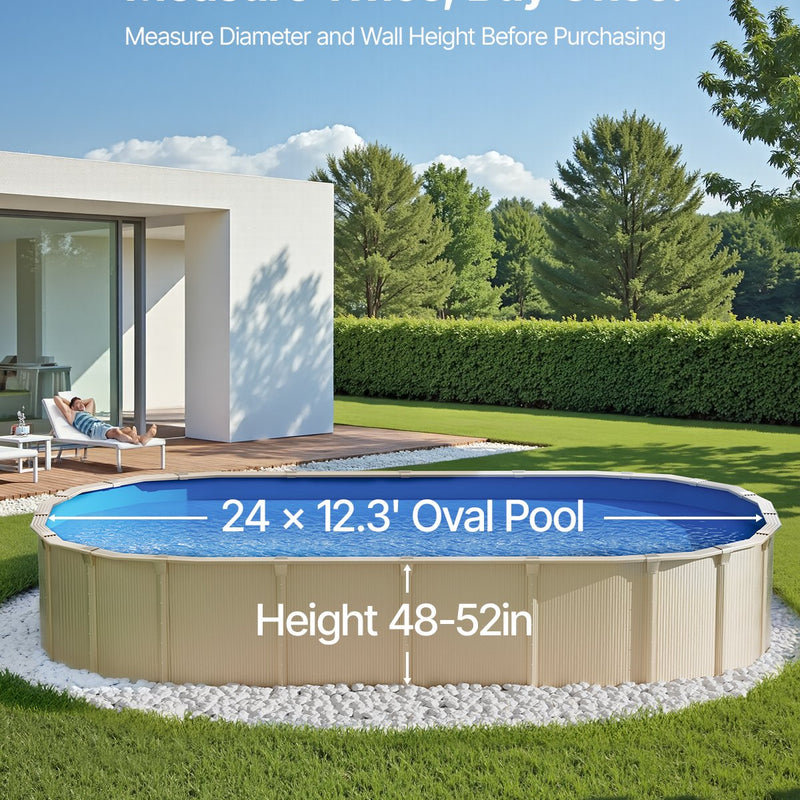 VEVOR ovāls baseina ieliktnis virszemes baseinam 7,32 × 3,75 m, izturīgs vinila baseina ieliktnis, standarta biezums, pārlaiduma (overlap) stiprinājuma tips, piemērots baseiniem ar sienas augstumu 1,32 m, vienkrāsains