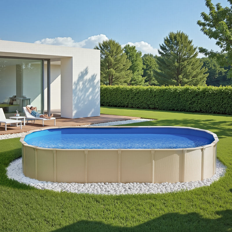 VEVOR ovāls baseina ieliktnis virszemes baseinam 7,32 × 3,75 m, izturīgs vinila baseina ieliktnis, standarta biezums, pārlaiduma (overlap) stiprinājuma tips, piemērots baseiniem ar sienas augstumu 1,32 m, vienkrāsains