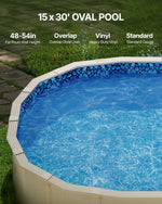 VEVOR 4,57 × 9,14 m ovāla baseina odere ar pārlaiduma malu virszemes baseiniem, sienas augstumam 1,22–1,37 m, izturīgs standarta biezuma vinils, tērauda sienu baseiniem
