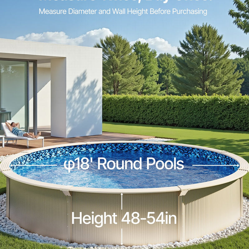 VEVOR baseina ieliktnis apaļam virszemes baseinam Ø 5,49 m, pārlaiduma (overlap) tipa vinila baseina ieliktnis, standarta biezums, piemērots sienas augstumam 1,22–1,37 m, paredzēts tērauda sienu virszemes peldbaseiniem
