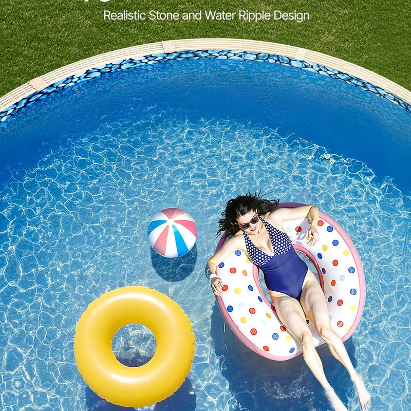 VEVOR baseina ieliktnis apaļam virszemes baseinam Ø 5,49 m, pārlaiduma (overlap) tipa vinila baseina ieliktnis, standarta biezums, piemērots sienas augstumam 1,22–1,37 m, paredzēts tērauda sienu virszemes peldbaseiniem