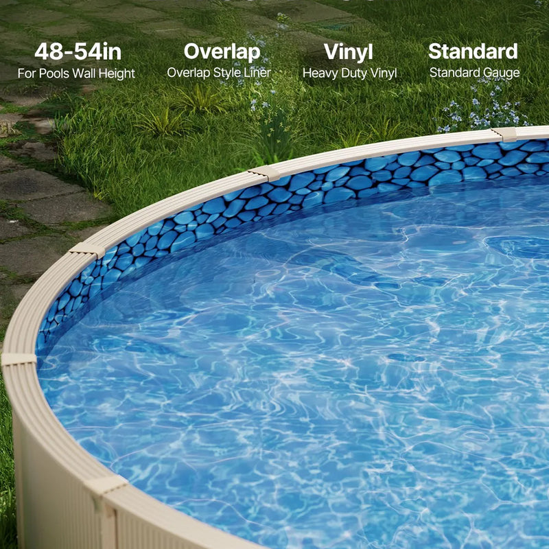 VEVOR baseina ieliktnis apaļam virszemes baseinam Ø 6,40 m, pārlaiduma (overlap) tipa vinila baseina ieliktnis, standarta biezums, piemērots sienas augstumam 1,22–1,37 m, paredzēts tērauda sienu virszemes peldbaseiniem