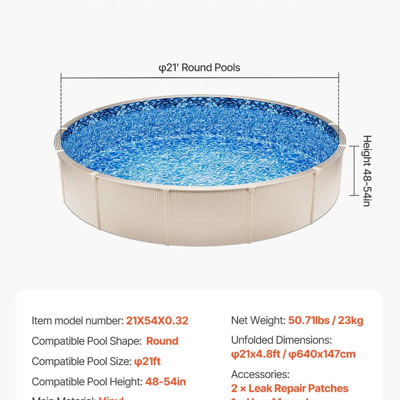 VEVOR baseina ieliktnis apaļam virszemes baseinam Ø 6,40 m, pārlaiduma (overlap) tipa vinila baseina ieliktnis, standarta biezums, piemērots sienas augstumam 1,22–1,37 m, paredzēts tērauda sienu virszemes peldbaseiniem