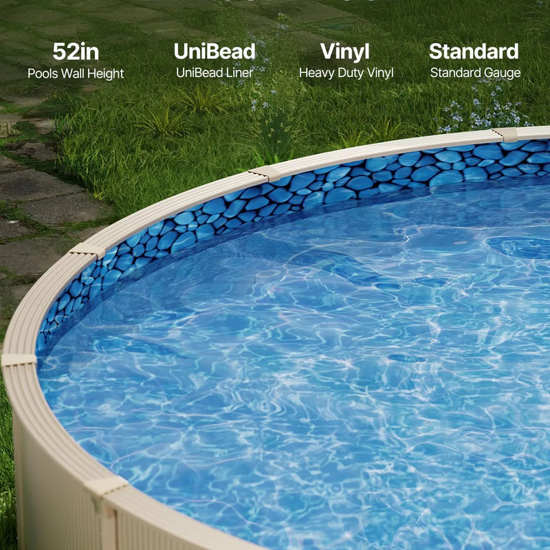 VEVOR baseina ieliktnis apaļam virszemes baseinam Ø 6,40 m, UniBead stiprinājuma tips, standarta biezuma vinila baseina ieliktnis, paredzēts baseiniem ar sienas augstumu 1,32 m, piemērots tērauda sienu virszemes peldbaseiniem