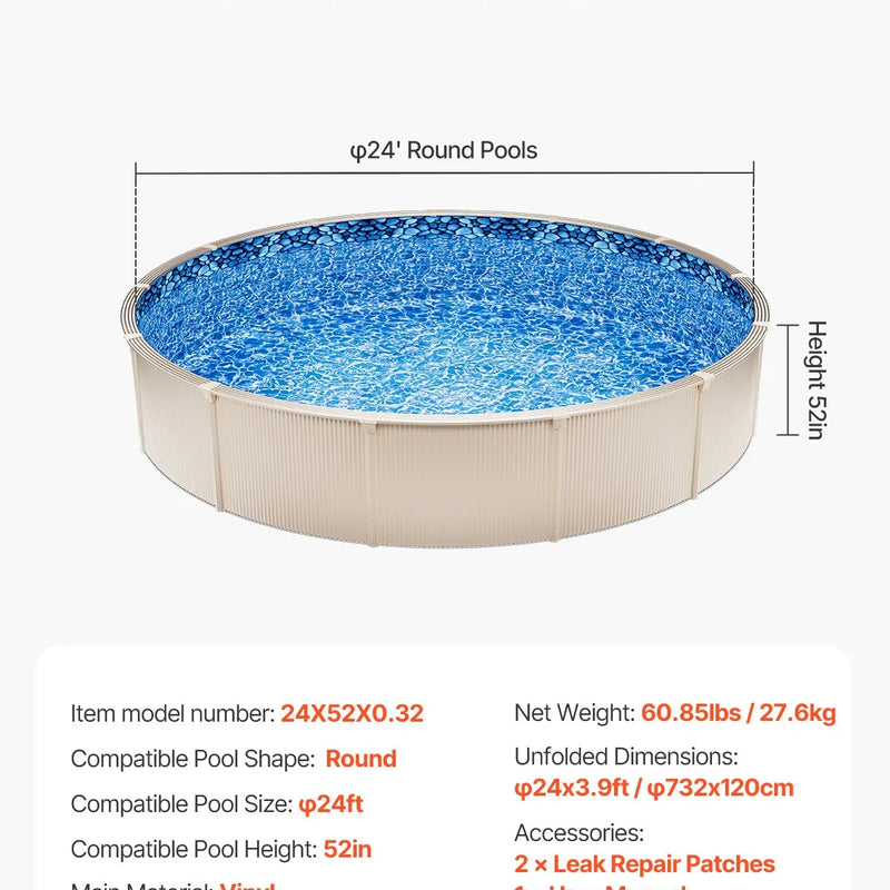 VEVOR baseina ieliktnis apaļam virszemes baseinam Ø 7,32 m, UniBead stiprinājuma tips, standarta biezuma vinila baseina ieliktnis, paredzēts baseiniem ar sienas augstumu 1,32 m, piemērots tērauda sienu virszemes peldbaseiniem