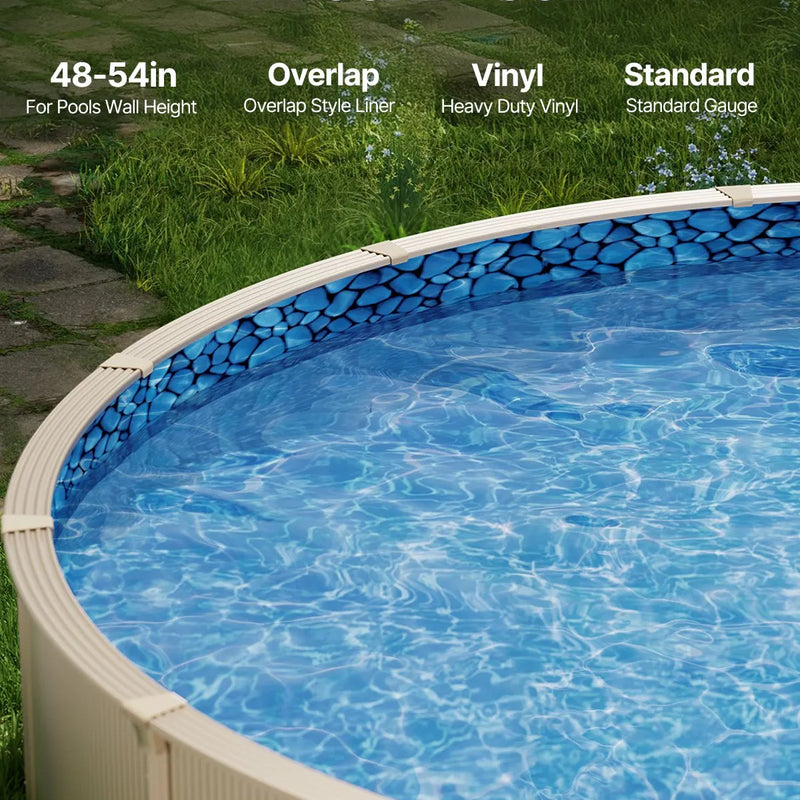 VEVOR baseina ieliktnis apaļam virszemes baseinam Ø 7,32 m, pārlaiduma (overlap) tipa vinila baseina ieliktnis, standarta biezums, piemērots sienas augstumam 1,22–1,37 m, paredzēts tērauda sienu virszemes peldbaseiniem