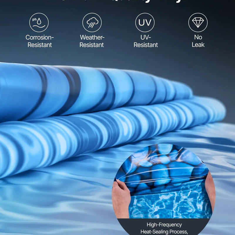 VEVOR baseina ieliktnis apaļam virszemes baseinam Ø 7,32 m, pārlaiduma (overlap) tipa vinila baseina ieliktnis, standarta biezums, piemērots sienas augstumam 1,22–1,37 m, paredzēts tērauda sienu virszemes peldbaseiniem