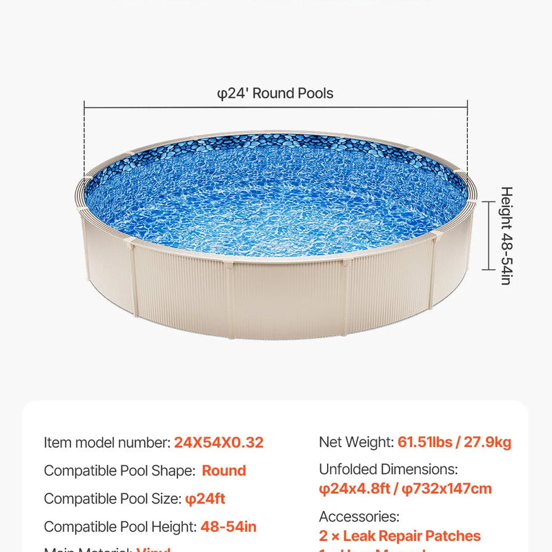 VEVOR baseina ieliktnis apaļam virszemes baseinam Ø 7,32 m, pārlaiduma (overlap) tipa vinila baseina ieliktnis, standarta biezums, piemērots sienas augstumam 1,22–1,37 m, paredzēts tērauda sienu virszemes peldbaseiniem