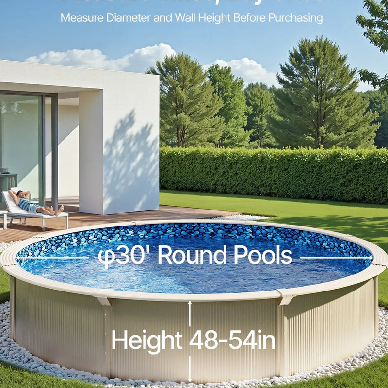 VEVOR baseina ieliktnis apaļam virszemes baseinam Ø 9,14 m, pārlaiduma (overlap) tipa vinila baseina ieliktnis, standarta biezums, piemērots sienas augstumam 1,22–1,37 m, paredzēts tērauda sienu virszemes peldbaseiniem