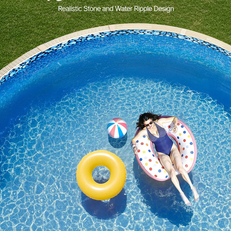 VEVOR baseina ieliktnis apaļam virszemes baseinam Ø 9,14 m, pārlaiduma (overlap) tipa vinila baseina ieliktnis, standarta biezums, piemērots sienas augstumam 1,22–1,37 m, paredzēts tērauda sienu virszemes peldbaseiniem