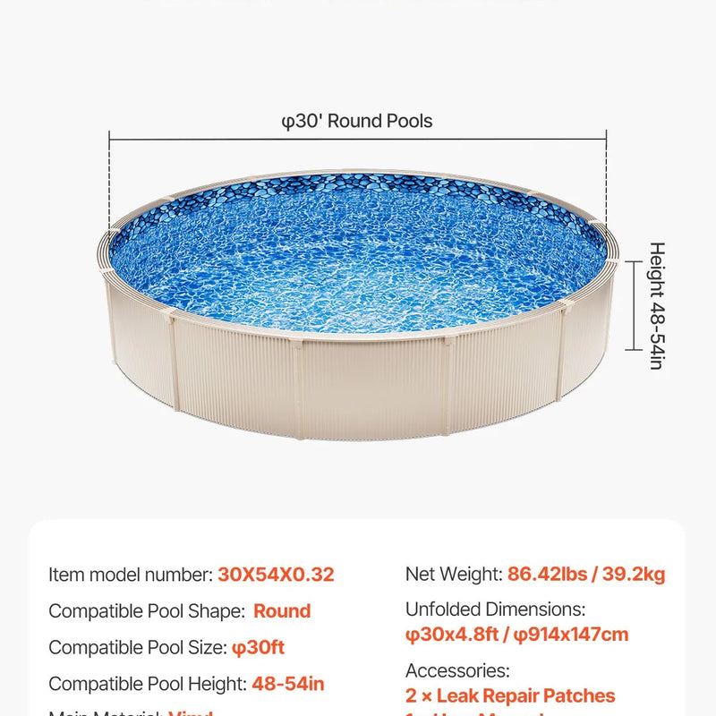 VEVOR baseina ieliktnis apaļam virszemes baseinam Ø 9,14 m, pārlaiduma (overlap) tipa vinila baseina ieliktnis, standarta biezums, piemērots sienas augstumam 1,22–1,37 m, paredzēts tērauda sienu virszemes peldbaseiniem