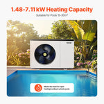VEVOR Elektriskais baseina siltumsūknis, 1,48–7,11 kW sildīšanas jauda, energoefektīvs invertora tipa baseina ūdens sildītājs un dzesētājs virszemes baseiniem 15–30 m³, 220–240 V, 50 Hz