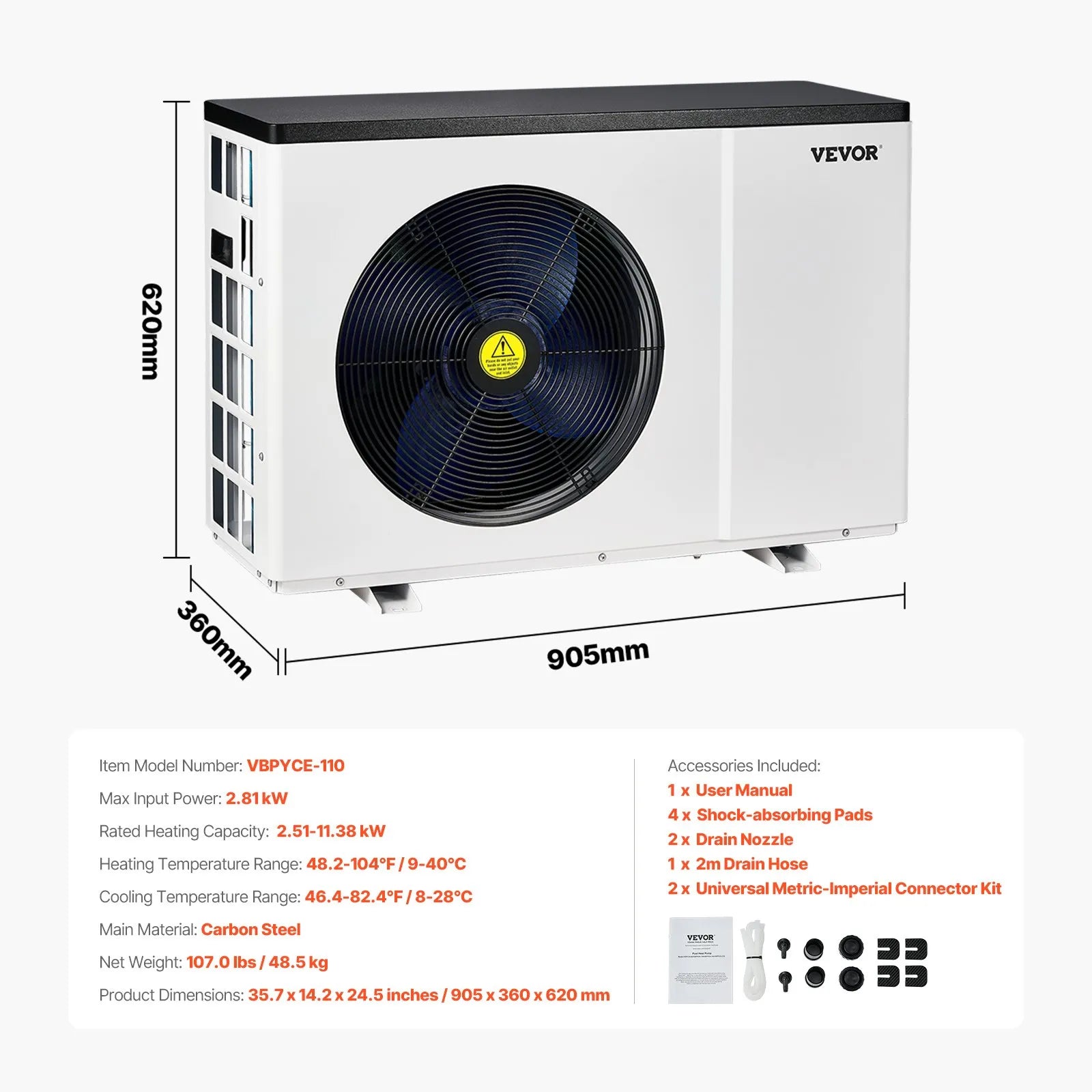 VEVOR Elektriskais baseina siltumsūknis, 2,51–11,38 kW sildīšanas jauda, energoefektīvs invertora tipa baseina ūdens sildītājs un dzesētājs 25–50 m³ virszemes baseiniem, AC 220–240 V, 50 Hz
