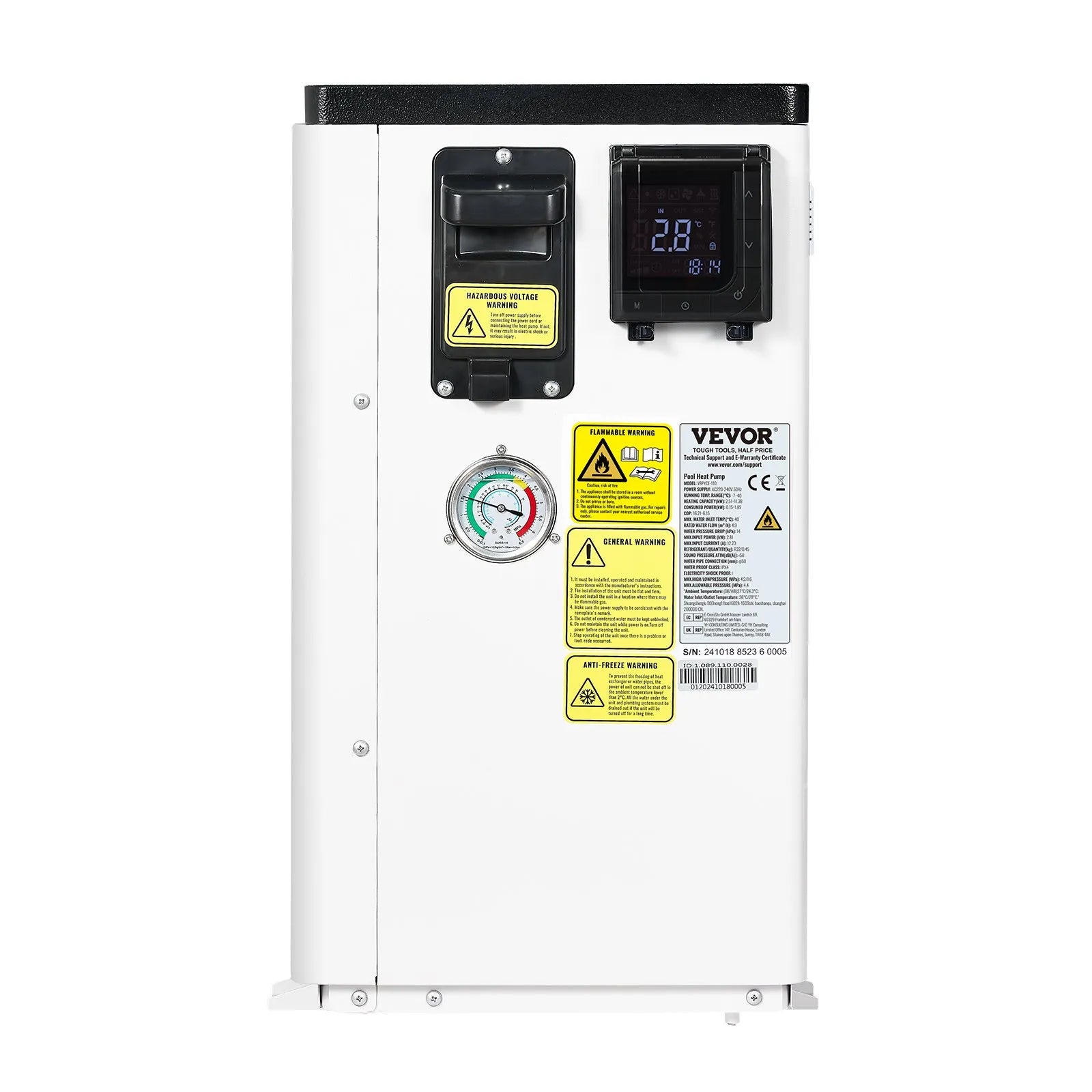 VEVOR Elektriskais baseina siltumsūknis, 2,51–11,38 kW sildīšanas jauda, energoefektīvs invertora tipa baseina ūdens sildītājs un dzesētājs 25–50 m³ virszemes baseiniem, AC 220–240 V, 50 Hz